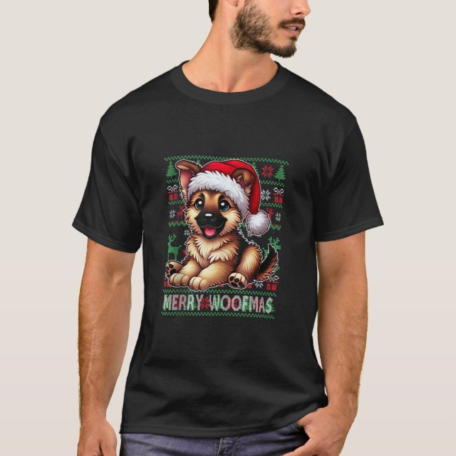 German Shepherd Christmas Ugly Sweater Funny Dog L T-Shirt (Vorderseite)