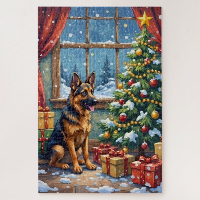German Shepherd Christmas Under The Tree Puzzle (Vertikal)