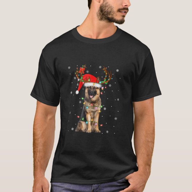 German Shepherd Dog Christmas Lights Reindeer Sant T-Shirt (Vorderseite)