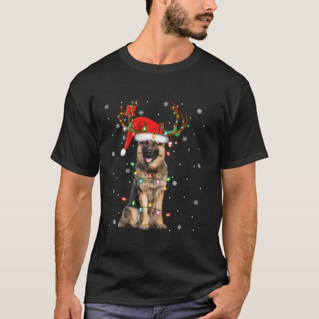 German Shepherd Dog Christmas Lights Reindeer Sant T-Shirt (Vorderseite)