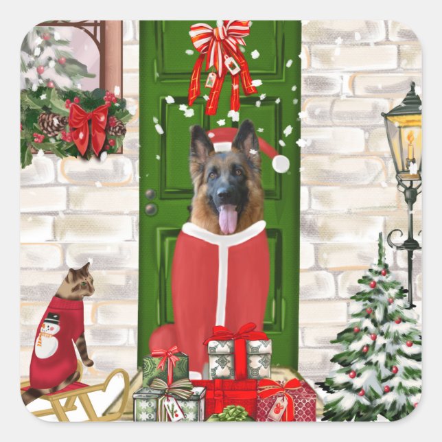 German Shepherd Dog Christmas Quadratischer Aufkleber (Vorderseite)