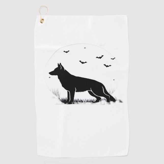 German Shepherd Dog - Halloween Moon Silhouette Cl Golfhandtuch (Vorderseite)