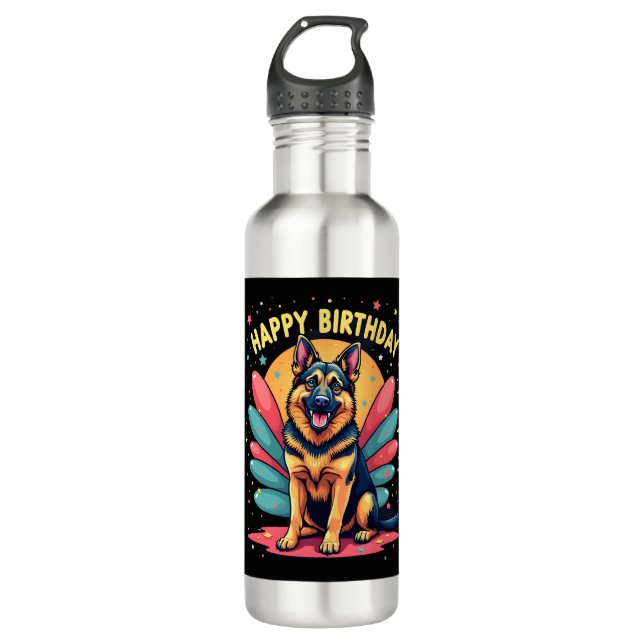 German Shepherd Dog Happy Birthday Party Shep Clot Edelstahlflasche (Vorderseite)