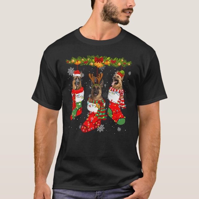 German Shepherd Dog In Socks Christmas Lights Swea T-Shirt (Vorderseite)
