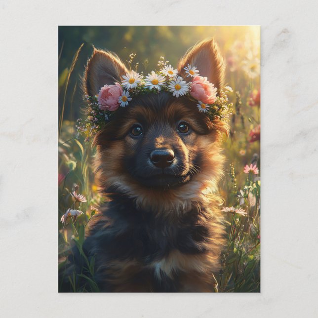 German Shepherd Dog Puppy in a Flower Crown Postkarte (Vorderseite)