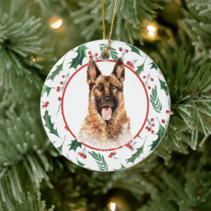 German Shepherd Dog Red Berry Holly Border Keramik Ornament