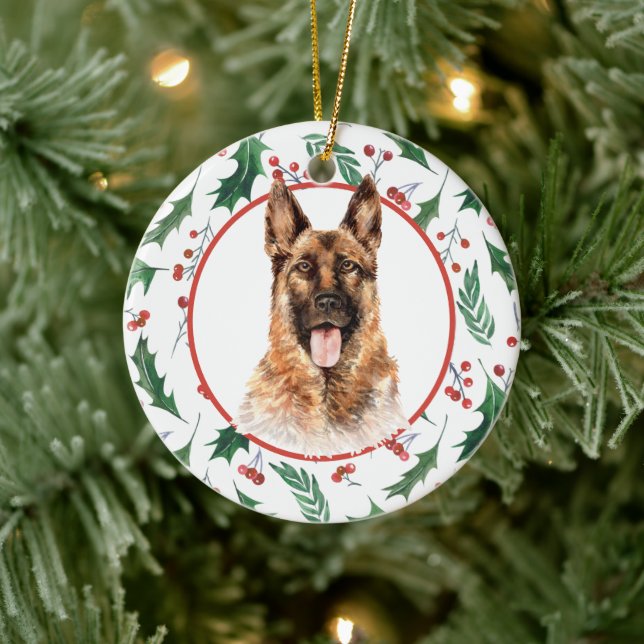German Shepherd Dog Red Berry Holly Border Keramik Ornament (Baum)