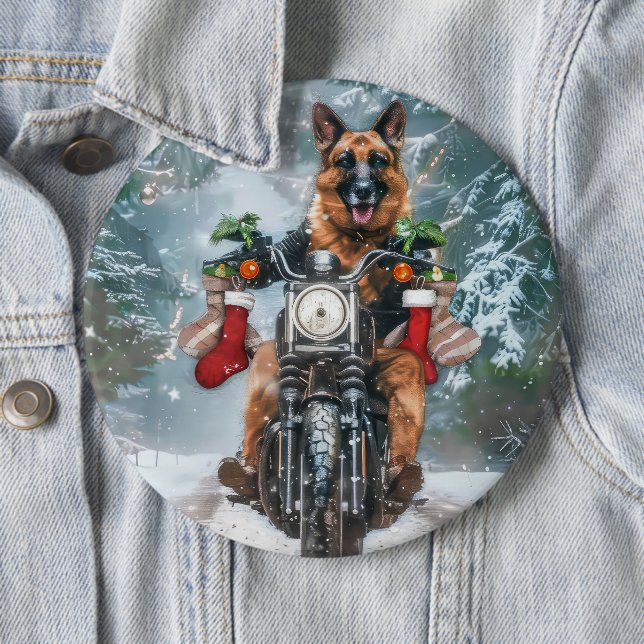 German Shepherd Dog Riding Motorrad Weihnachten Button (Beispiel)