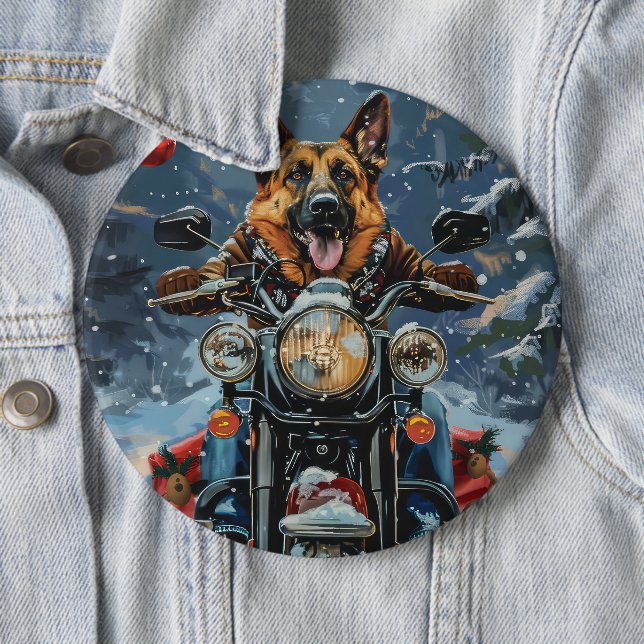German Shepherd Dog Riding Motorrad Weihnachten Button (Beispiel)