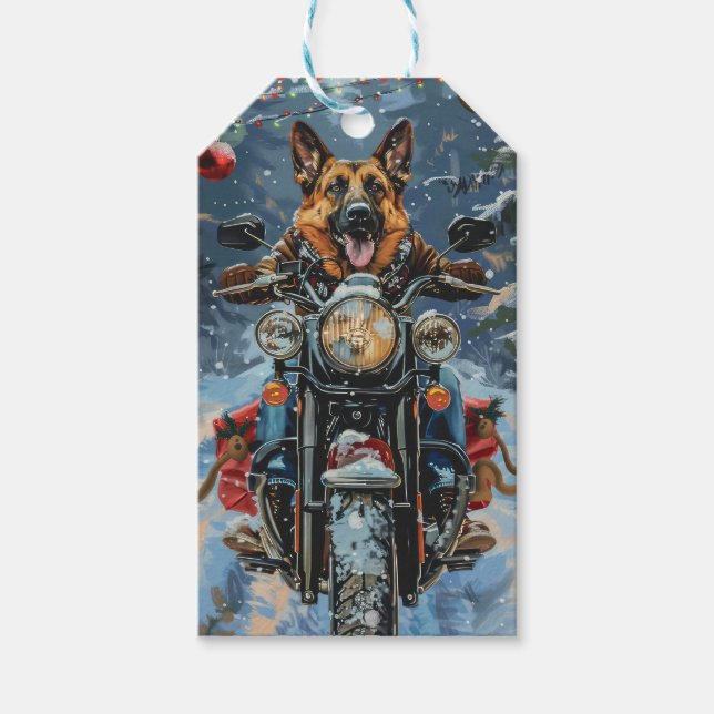 German Shepherd Dog Riding Motorrad Weihnachten Geschenkanhänger (Vorderseite)