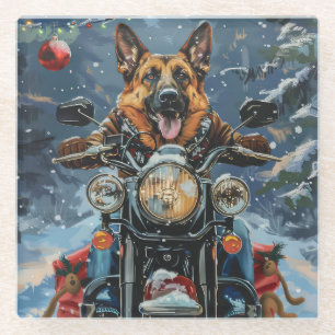 German Shepherd Dog Riding Motorrad Weihnachten Glasuntersetzer
