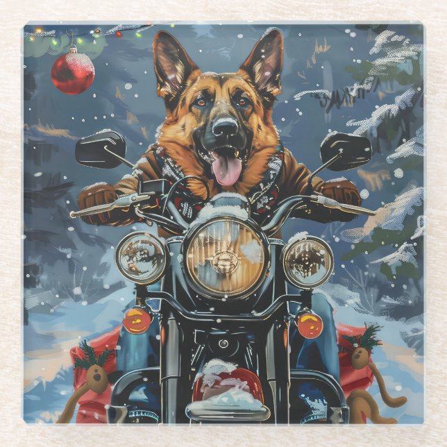 German Shepherd Dog Riding Motorrad Weihnachten Glasuntersetzer (Vorderseite)