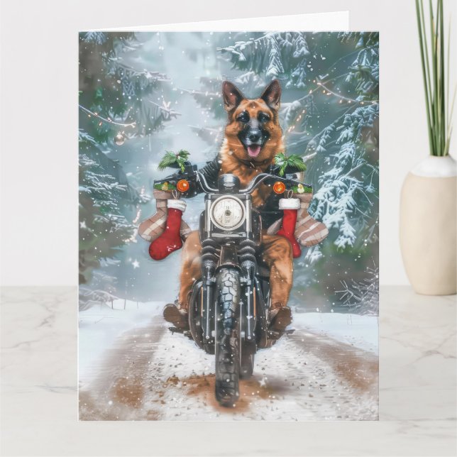 German Shepherd Dog Riding Motorrad Weihnachten Karte (Vorderseite)