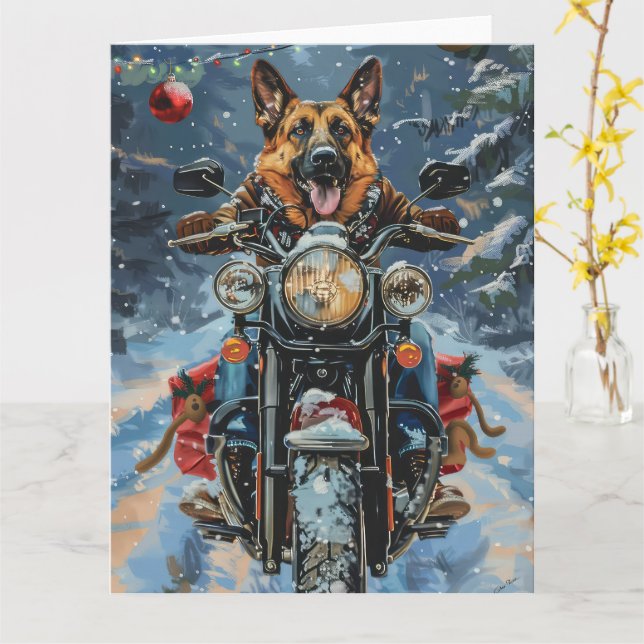 German Shepherd Dog Riding Motorrad Weihnachten Karte (Gelbe Blume)