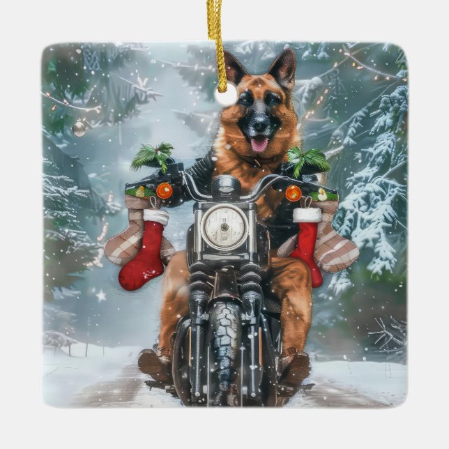 German Shepherd Dog Riding Motorrad Weihnachten Keramikornament (Vorderseite)