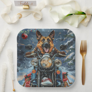 German Shepherd Dog Riding Motorrad Weihnachten Pappteller
