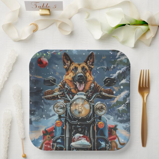 German Shepherd Dog Riding Motorrad Weihnachten Pappteller (Hochzeit)