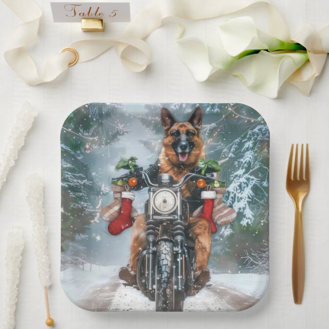 German Shepherd Dog Riding Motorrad Weihnachten Pappteller (Hochzeit)