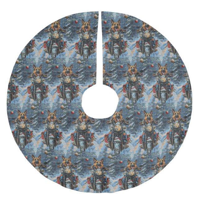 German Shepherd Dog Riding Motorrad Weihnachten Polyester Weihnachtsbaumdecke (Vorderseite)