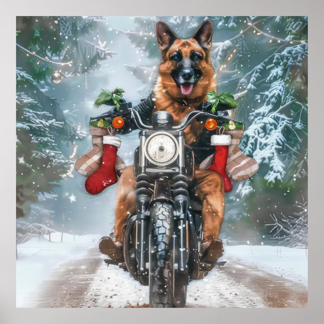 German Shepherd Dog Riding Motorrad Weihnachten Poster (Vorne)