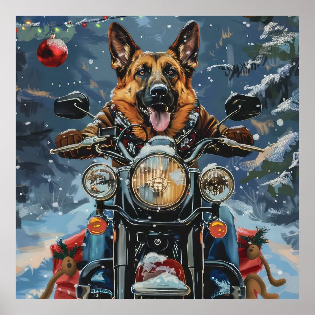 German Shepherd Dog Riding Motorrad Weihnachten Poster (Vorne)