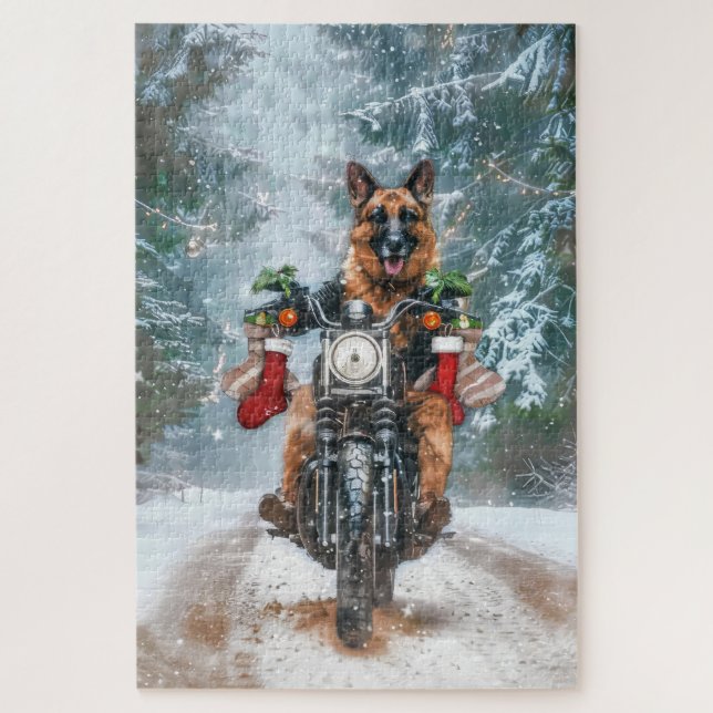 German Shepherd Dog Riding Motorrad Weihnachten Puzzle (Vertikal)