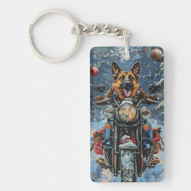 German Shepherd Dog Riding Motorrad Weihnachten Schlüsselanhänger (Vorderseite)