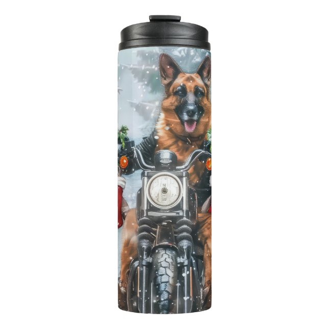 German Shepherd Dog Riding Motorrad Weihnachten Thermosbecher (Vorderseite)