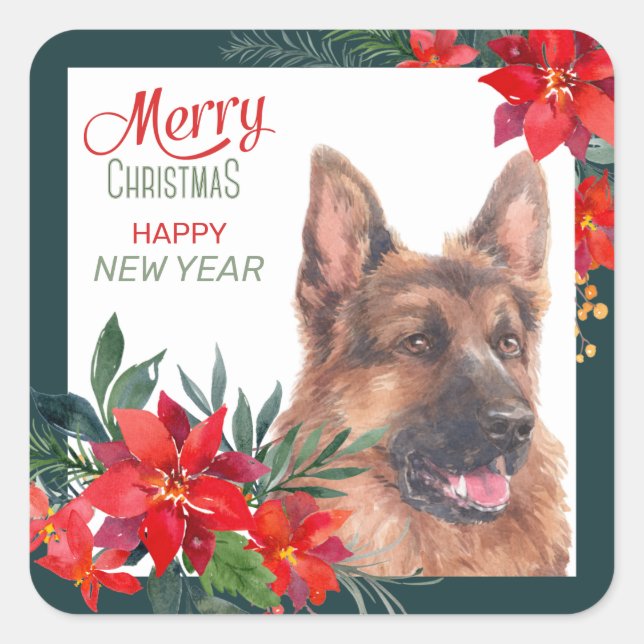 German Shepherd Dog Watercolor Poinsettia Holiday Quadratischer Aufkleber (Vorderseite)