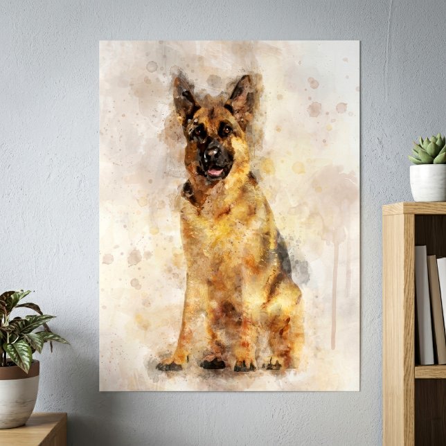 German Shepherd Dog Watercolor Portrait 03 Poster (German Shepherd Watercolor Dog Portrait Art. Poster)