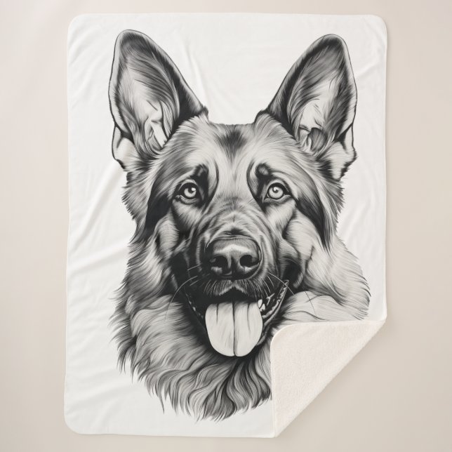 German Shepherd Drawing Portrait Sherpa Blanket Sherpadecke (Vorderseite)