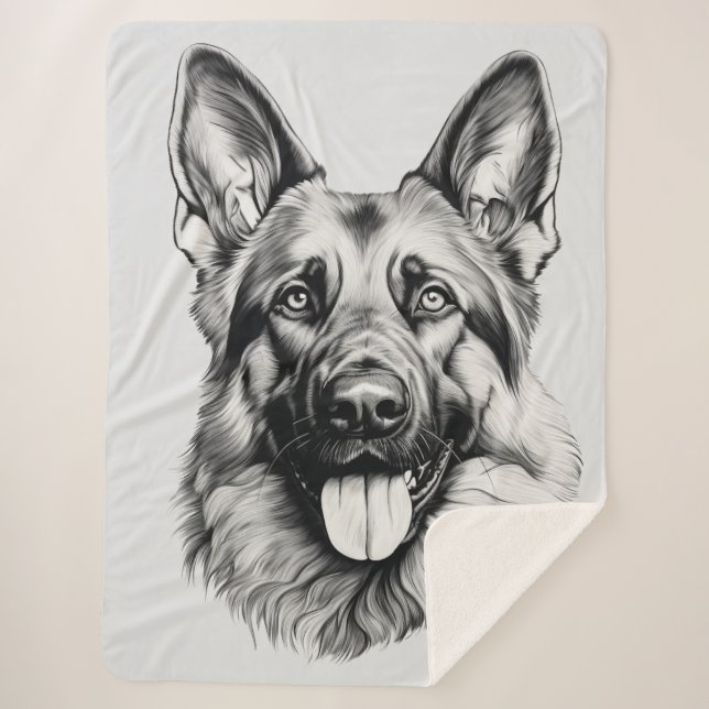 German Shepherd Drawing Portrait Sherpa Blanket Sherpadecke (Vorderseite)