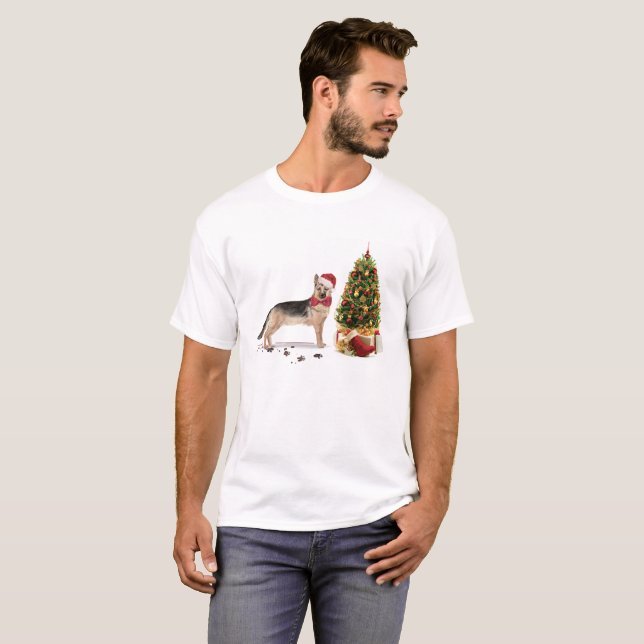 German Shepherd Funny Christmas Dog mit Baum T-Shirt (Vorne ganz)