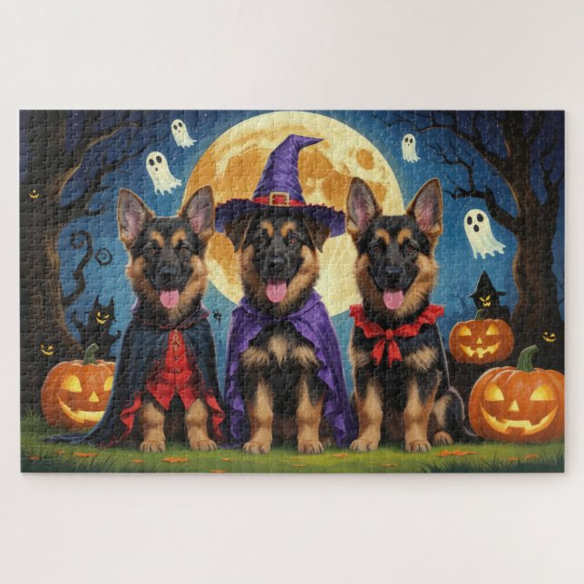 German Shepherd Hunde Pumpkin Halloween Funny Puzzle (Horizontal)