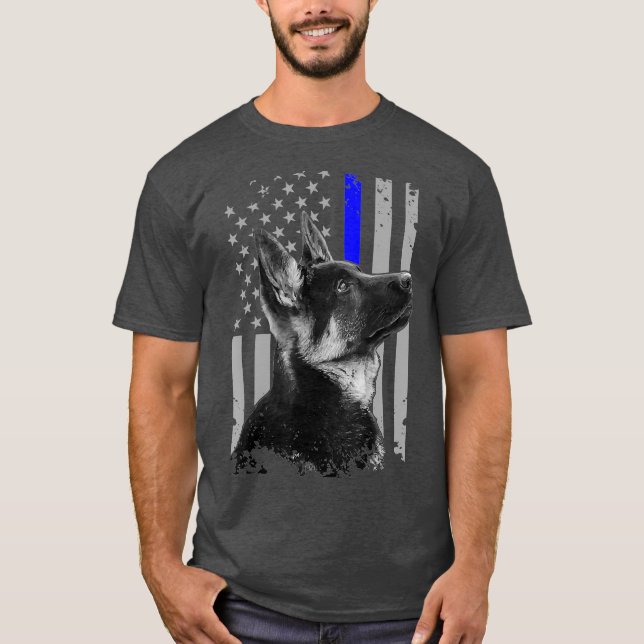 German Shepherd K9 Unit Thin Blue Line Flag Gesche T-Shirt (Vorderseite)