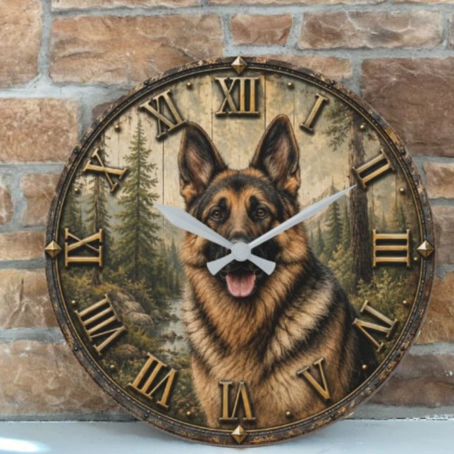 German Shepherd Mountain Forest Rustic Große Wanduhr (Von Creator hochgeladen)