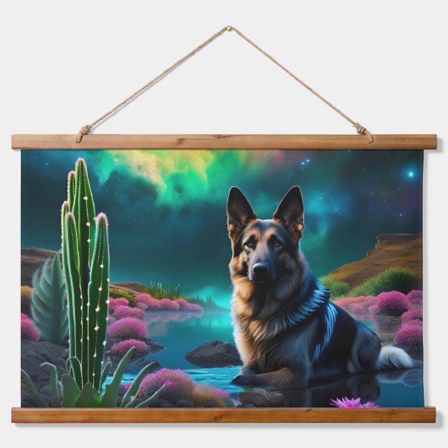 German Shepherd on a Alien World Wandteppich Mit Holzrahmen (Vorne)