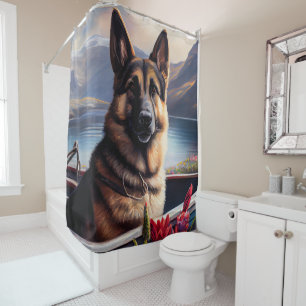 German Shepherd on a Paddle: Ein Landschaftliches Duschvorhang
