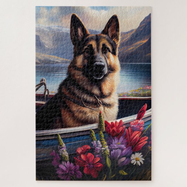 German Shepherd on a Paddle: Ein Landschaftliches  Puzzle (Vertikal)
