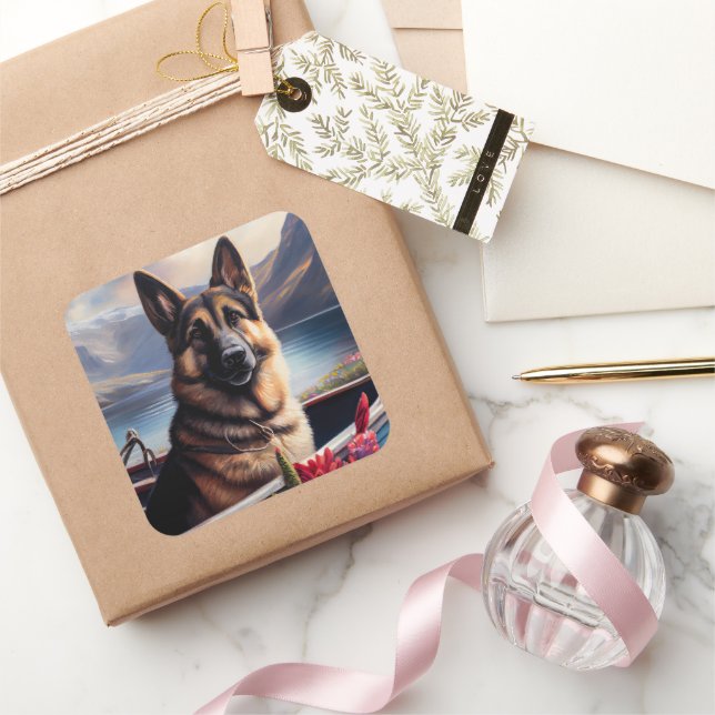 German Shepherd on a Paddle: Ein Landschaftliches  Quadratischer Aufkleber (Schenken)