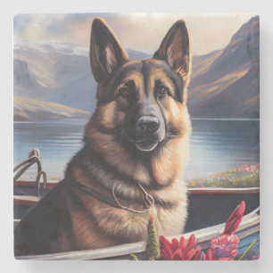 German Shepherd on a Paddle: Ein Landschaftliches Steinuntersetzer