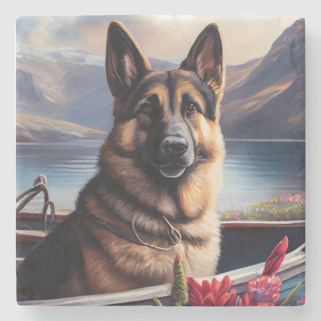 German Shepherd on a Paddle: Ein Landschaftliches  Steinuntersetzer (Vorderseite)