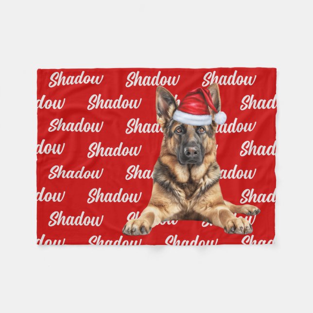 German Shepherd on Red with Name Christmas Dog Fleecedecke (Vorderseite (Horizontal))