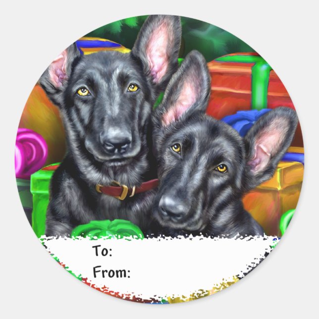 German Shepherd Open Geschenke Blk Weihnachtsgesch Runder Aufkleber (Vorderseite)