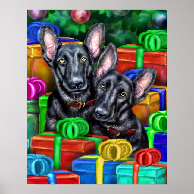 German Shepherd Open Gifts Blk Christmas Poster (Vorne)