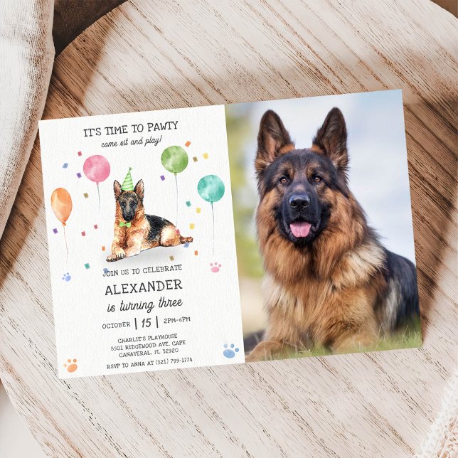 German Shepherd Pawty Puppy Birthday Pink Foto Einladung (Von Creator hochgeladen)