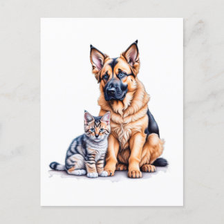 German Shepherd Puppy And Maincoon Kitten Postkarte