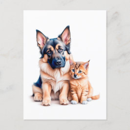 German Shepherd Puppy And Maincoon Kitten Postkarte