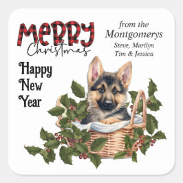 German Shepherd Puppy Holly Basket Weihnachten Quadratischer Aufkleber