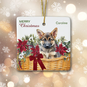 German Shepherd Puppy Poinsettia Weihnachtskorb Keramikornament